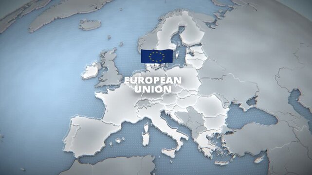 3D Map of the European Union with Waving Flag and Highlighted Borders, Horizontal Broadcast News Opener or Corporate Presentation Backdrop
