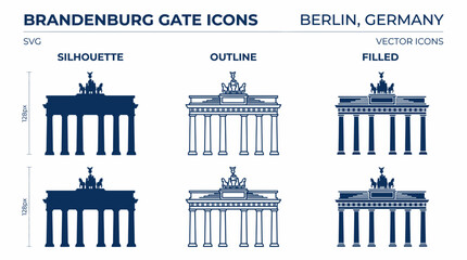 Brandenburg Gate Icons Set: Silhouette, Outline, Filled Vector Graphics © Ting