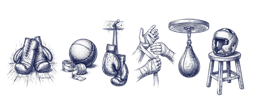 Boxing equipment vintage sketch set with leather gloves, hand wraps, medicine ball, hanging gloves, speed bag, and headgear on stool, representing retro gym training and competitive combat gear.