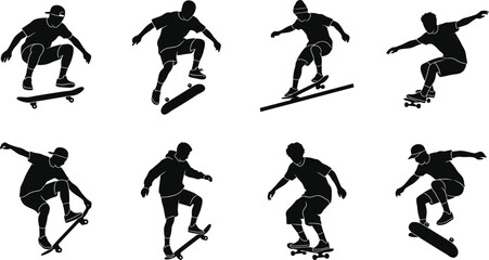 Black silhouette skateboarder performing tricks © NasimaAktar