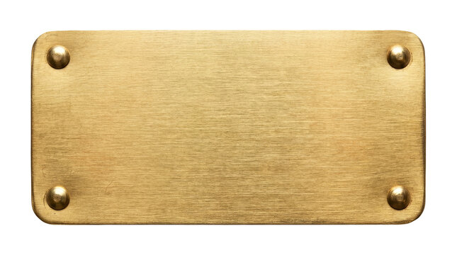 Golden brass nameplate isolated on transparent background with blank surface for engraving