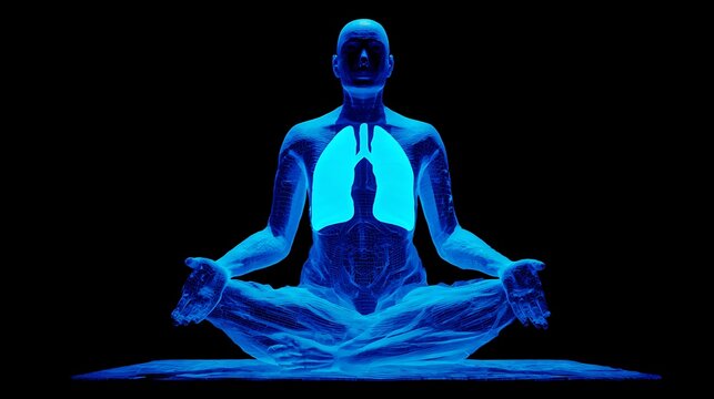 Cyan glowing human silhouette meditating on dark background meditate
