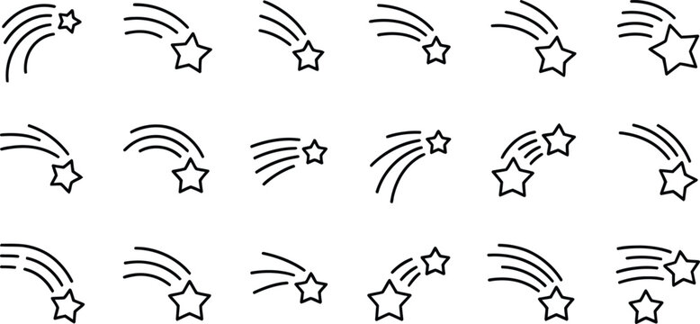 Hand Drawn Shooting Star Doodle Vector Set, Cute Comet Trail Icons for Magic Celestial Decorative Design