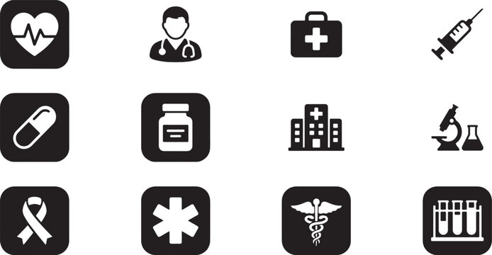 Medical App Icons Set - Healthcare Black Glyph Vector