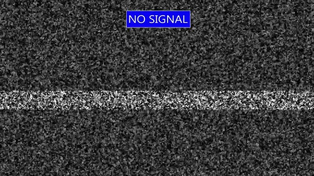 Analog tv static noise with moving no signal blue box overlay, retro television glitch effect background.