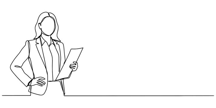 Continuous line drawing of a professional businesswoman in a suit holding a document folder isolated on white background Vector, illustration