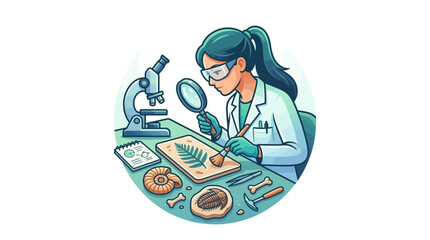 Paleontologist Studying Ancient Fossils with Microscope and Magnifying Glass © Barokah