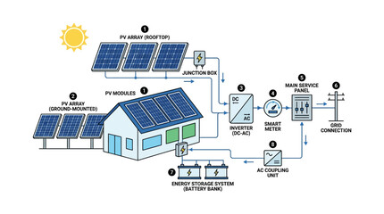 Solar Panel System Diagram: Rooftop and Ground-Mounted PV Arrays, Battery Storage © Barokah