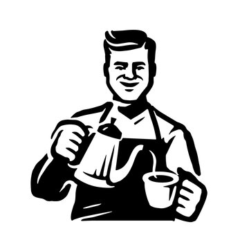 Barista pouring coffee into cup mascot black and white illustration