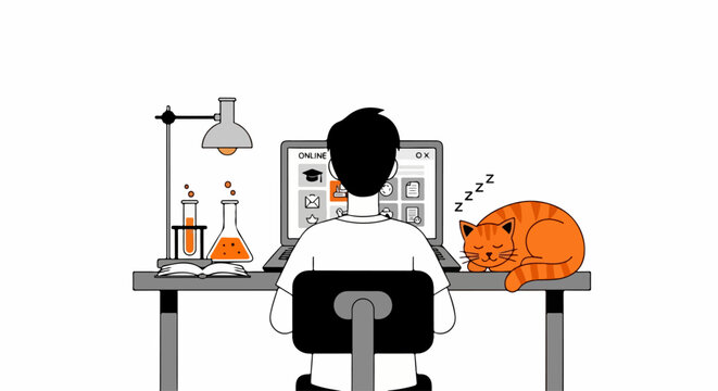 Man sitting at desk with cat.