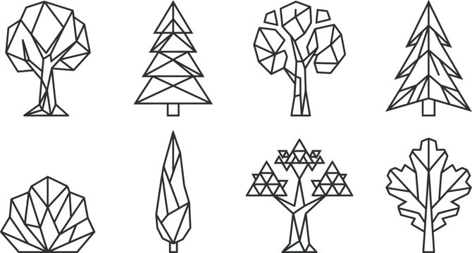 Geometric Trees Collection Black Line Vector Illustration On White Background