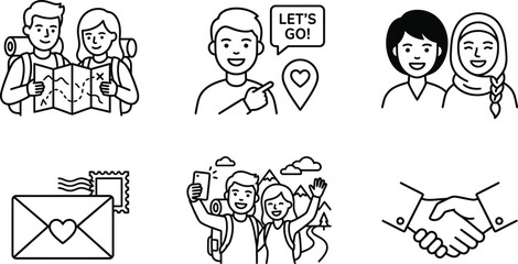 Set of happy people icons with travel and communication theme © MdAshfakurRahman
