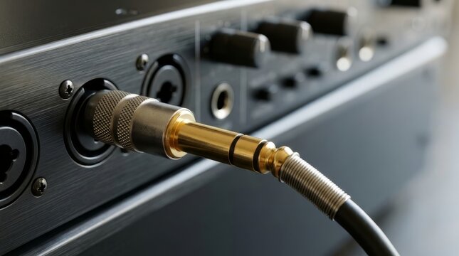 Close up of gold audio jack plugged into black audio interface. Professional sound recording equipment with cable connection and blurred mixer knobs
