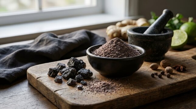 Himalayan black salt in bowl and rock chunks on wooden board. Exotic culinary spices with ginger and limes in rustic kitchen setting