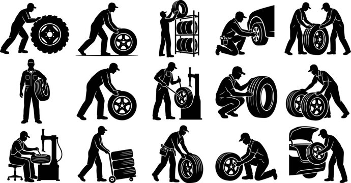 Car Tire Service and Auto Repair Silhouette Set with Mechanics Changing Wheels, Fixing Punctures, and Balancers for Garage Workshop Branding Designs