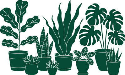 Fototapeta premium Diverse indoor jungle plant collection featuring monstera and snake plant vectors for commercial branding graphic design projects and botanical decoration print templates set
