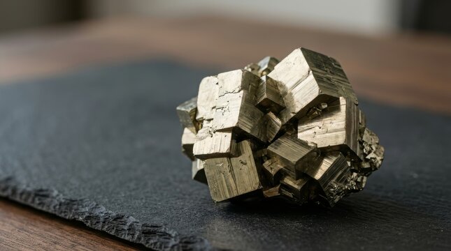 Natural pyrite crystal cluster on a dark slate tile. Cubic fool gold mineral specimen with metallic luster. Geology and mineralogy concept