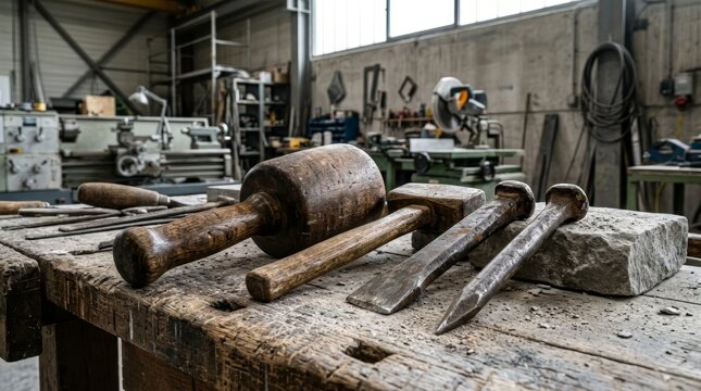 Traditional stone carving tools on a weathered wooden workbench. Wooden mallets and metal chisels in a sculptor workshop. Masonry and artisan craft concept