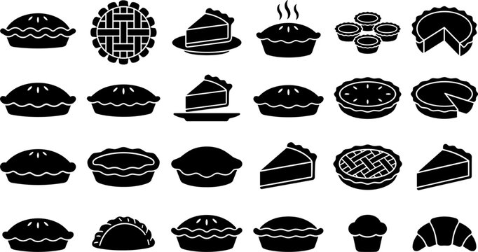 Baked Apple Pie and Pastry Silhouette Icon Set with Whole Lattice Pies, Slices, Tartlets, and Croissants for Bakery Menus, Dessert Recipe Blogs, and Cafe Branding Designs