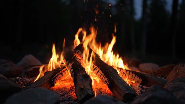 Outdoor bonfire burning close-up material, night bonfire burning close-up