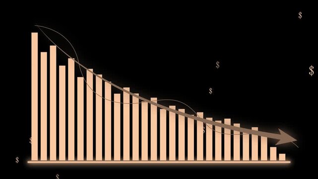Descending finance bar chart with arrow animation, Descending values with curved trend lines and arrow, dollar symbols scattered