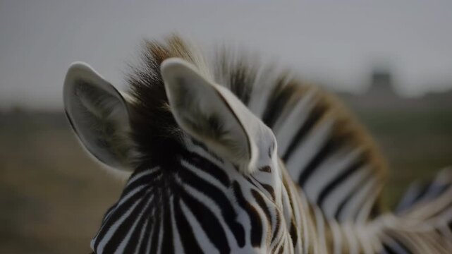Close rear view of zebra head and neck with upright ears, fanned mane, and bold black and white striping in savanna, with zebra, stripe, animal, mammal detail, showing wildlife, savanna, grassland
