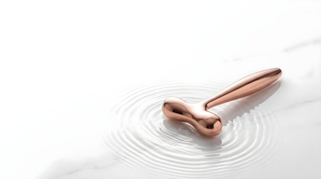 Clean minimal rose gold facial massager roller on white marble with water ripples