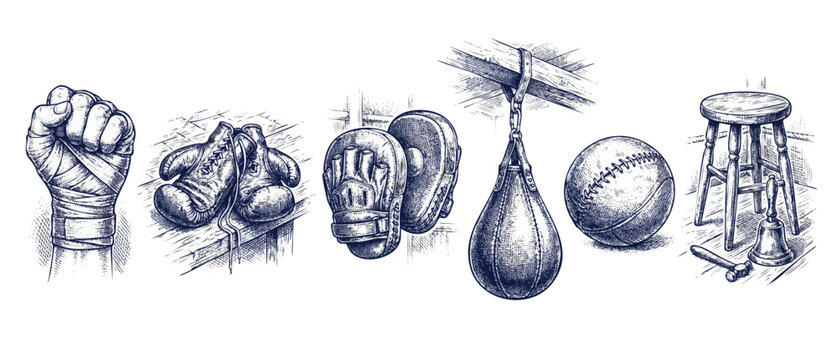 Vintage boxing equipment sketch set with wrapped fist, leather gloves, speed punching bag, medicine ball, and retro corner bell in detailed engraving ink style for classic gym training concept.