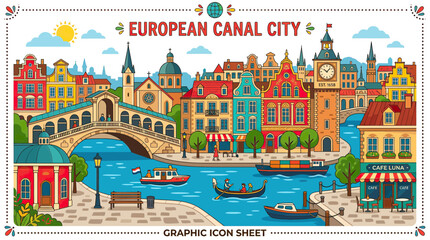 European Canal Cityscape with Gondola and Bridges, Colorful Buildings © magnum