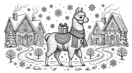 Fototapeta premium Llama in Snowy Village with Gift and Scarf, Christmas Illustration