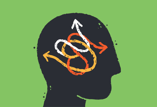 Mental health, doubt, confusion, psychology concept. Abstract vector of human head silhouette with tangled arrow paths. Making choice, overthinking, inner conflict. Isolated flat illustration