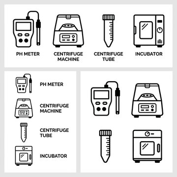 A collection of laboratory equipment icons including pH meters centrifuges tubes and incubators.