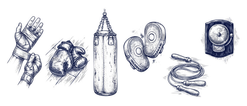 Boxing equipment hand drawn sketch icons of gloves, punching bag, jump rope, hand wraps, focus mitts, and round bell for gym training, martial arts workouts, and fitness exercise concept art graphics.