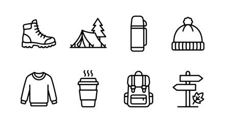 Hiking camping line icon set boots tent backpack and thermos © Bodrunahar