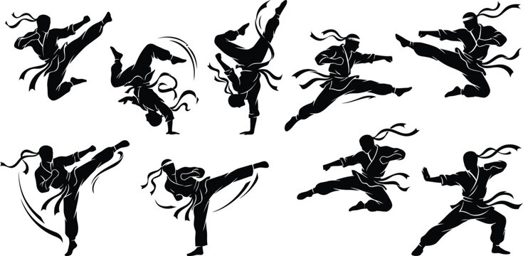 Black silhouette karate kicks and punches