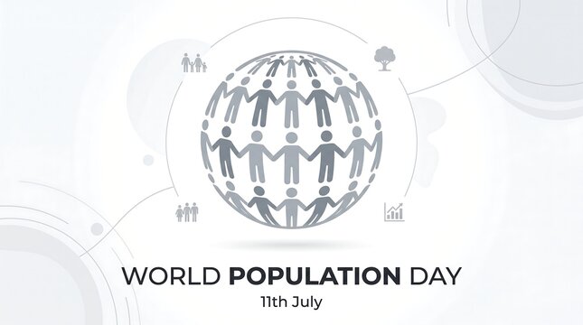 World Population Day concept banner for 11th July, global community of people holding hands in a circle, minimalist grey demographic background