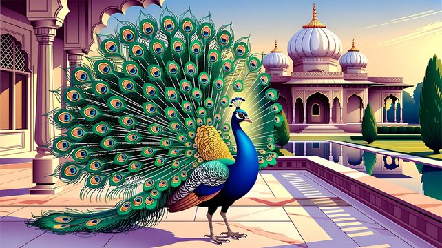 Ornate mughal inspired garden with palace and wildlife in serene setting