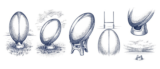 Rugby ball vintage sketch illustration showing kicking tee, goal posts, and stadium elements in retro hand drawn engraving style for sports design, classic athletic equipment graphics set on white. © Dinali