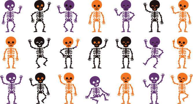 Halloween skeleton icons, dancing skeletons, purple, orange, black, vector graphics,16 purple house illustrations