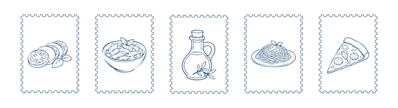 Mediterranean travel postcard collection with Italian food and sea icons.