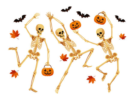 Dancing Skeletons Halloween Pumpkin Bats Leaves