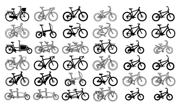 Bicycle icon set in outline and solid styles vector collection featuring city road mountain and electric bikes isolated on white background