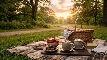 Fototapeta premium Picnic basket and fresh strawberries sit on a blanket during a peaceful golden hour sunset in a lush park.
