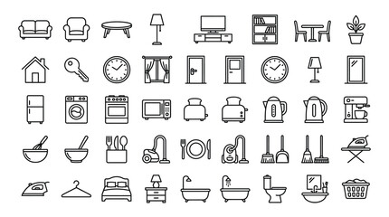 Fototapeta premium Collection Of Household Object Icons Linear Style Silhouette