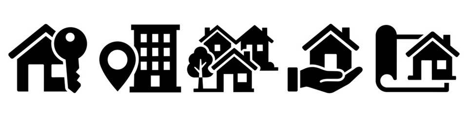 Real estate and property icon set with house, key, and apartment symbols © Rani