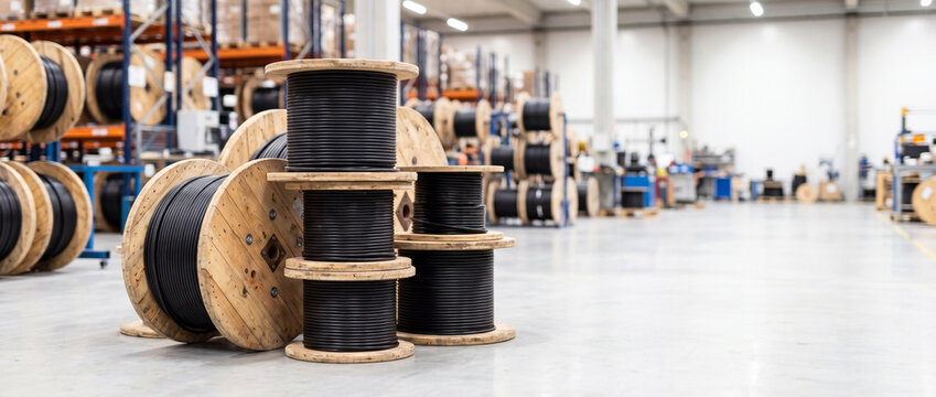 Industrial warehouse with large cable spools and electrical wire drums in storage facility