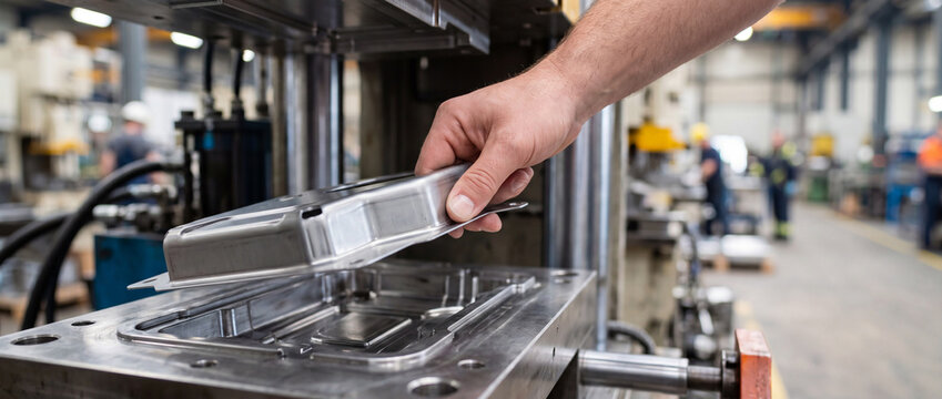 Worker removing metal part from stamping mold in industrial manufacturing factory with press machinery