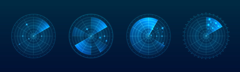 Futuristic radar screen with sonar scan, GPS compass and glowing HUD interface. Dashboard featuring satellite tracking and target detection technology. © Art_Stars