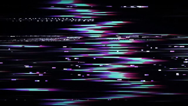 Abstract digital glitch texture with neon colored light distortions.