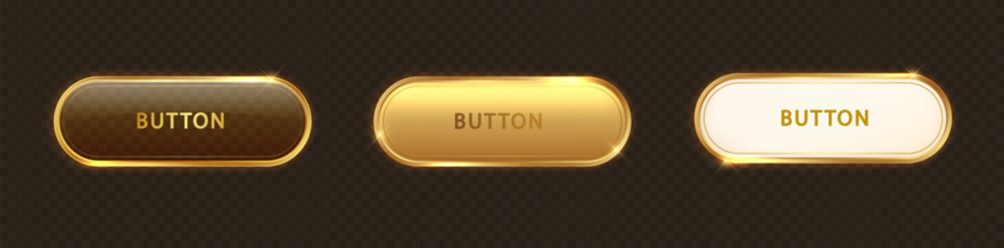 Golden frame label set. Premium gold button collection with transparent glossy surfaces and metallic frames.